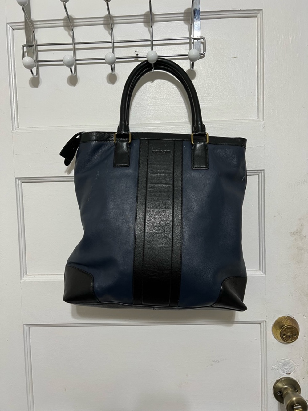 Men's Leather Tote Bag - Navy and Black